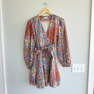 Mille Nan Floral Long Sleeve Cotton Wrap Dress Orange/Blue S